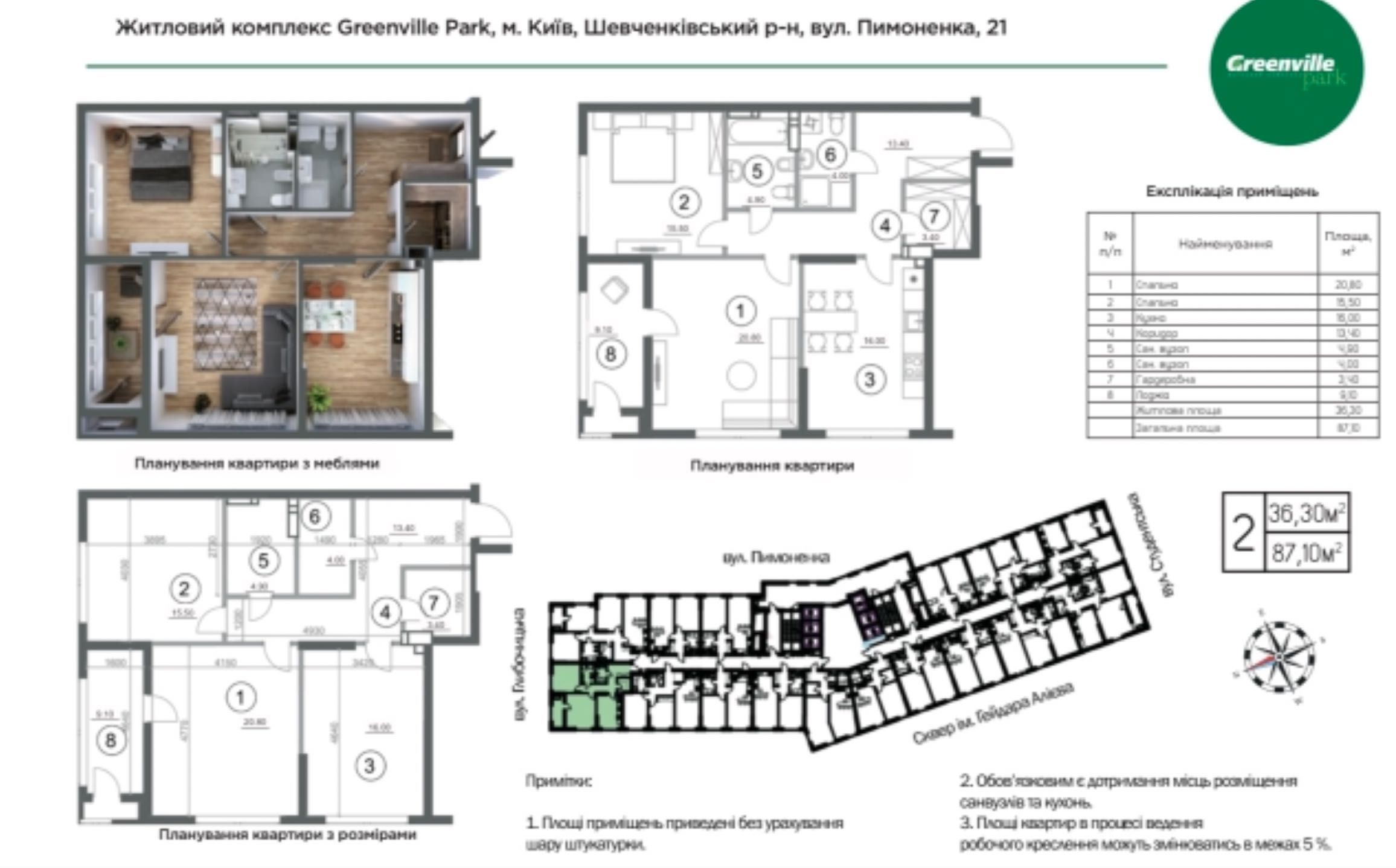 Продаж 2к  88 кв Greenviille park Пимоненко 19 Центр Шевченківський