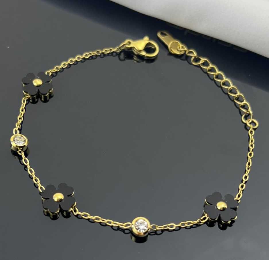 Pulseira Dourada em Aço Inoxidável – Flor com Pérola e Cristal