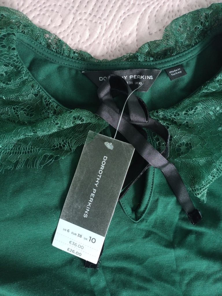 Dorothy Perkins rozkloszowana sukienka z koronką butelkowa zieleń 38/M