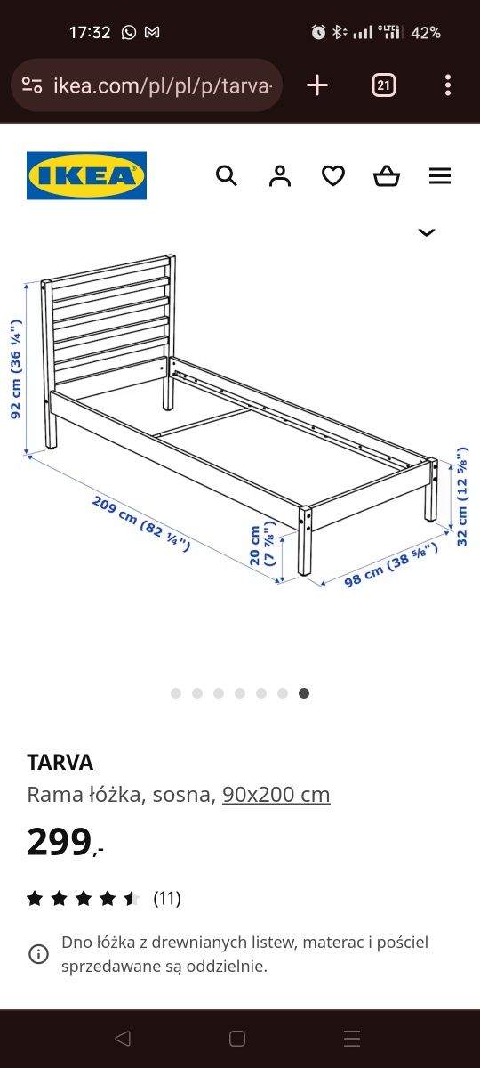 Łóżko Ikea Tarva 160x90 (ze stelażem i materacem)