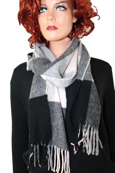 sl3 ciepły wełniany szalik z frędzlami Krata 26x180