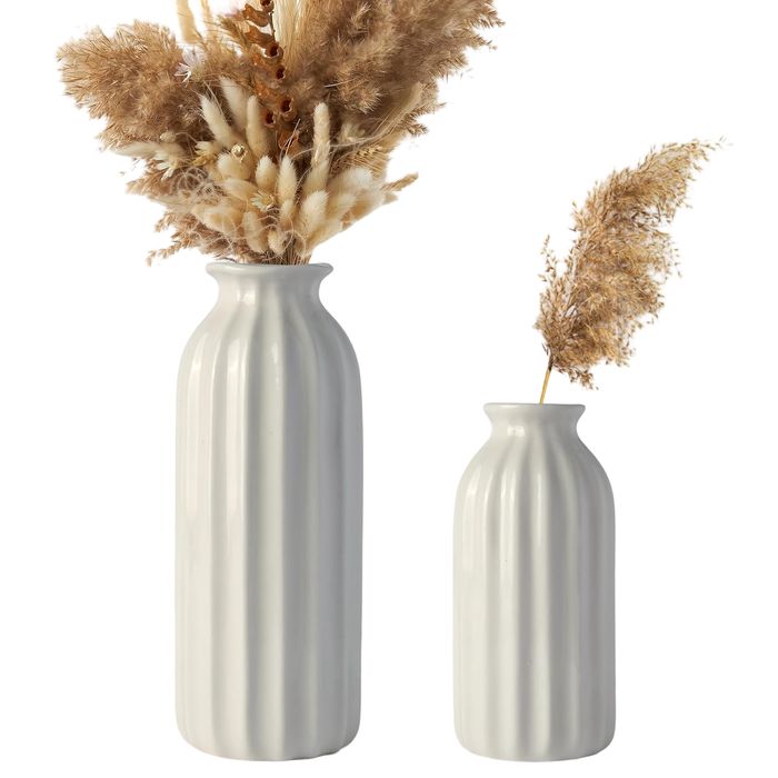 Ceramiczny Wazon Zestaw 2 Sztuki Żebrowane w Stylu Boho Białe