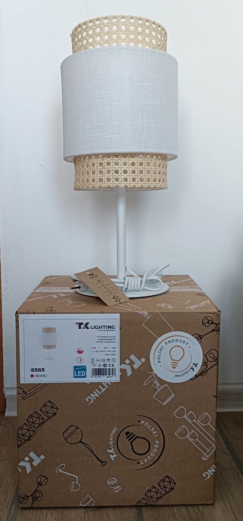 Lampka BOHO nocna rattanowa biała Agata Meble