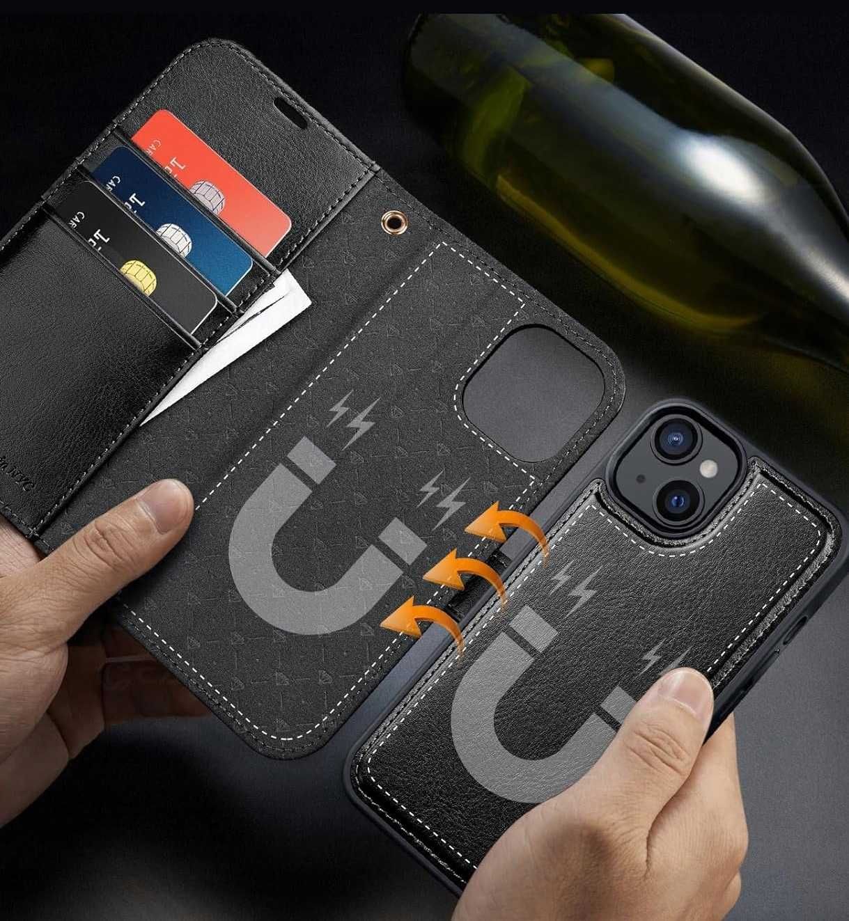 Ocase etui skórzane magsafe iPhone 15 z klapką portfel czarne  2w1