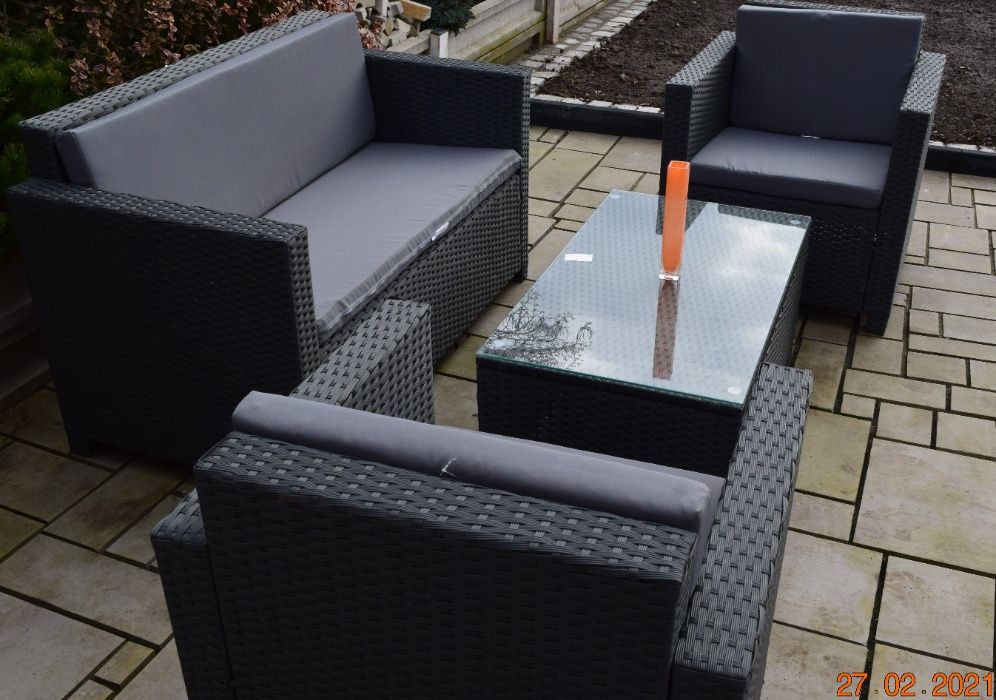 zestaw kawowy technorattan szary sofa 2-osob x 2 szt fotel 1 szt ława