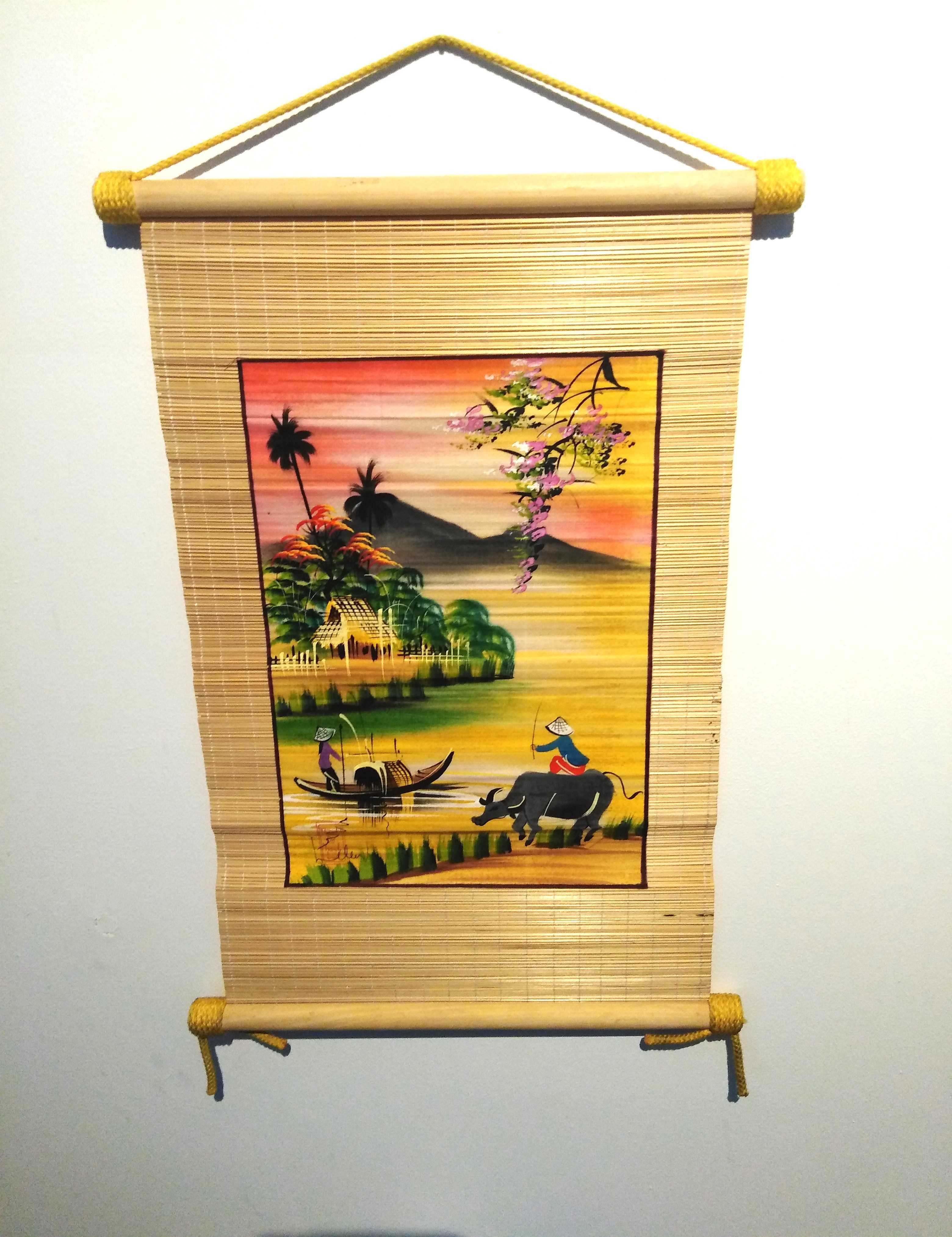 Kolorowy obraz chiński malowany na materiale.