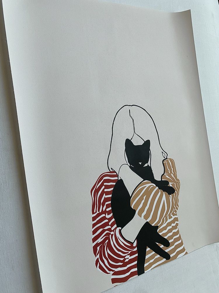 Gobelin na płótnie HD/Obrazek/Minimalist Aesthetic/Girl&Black Cat