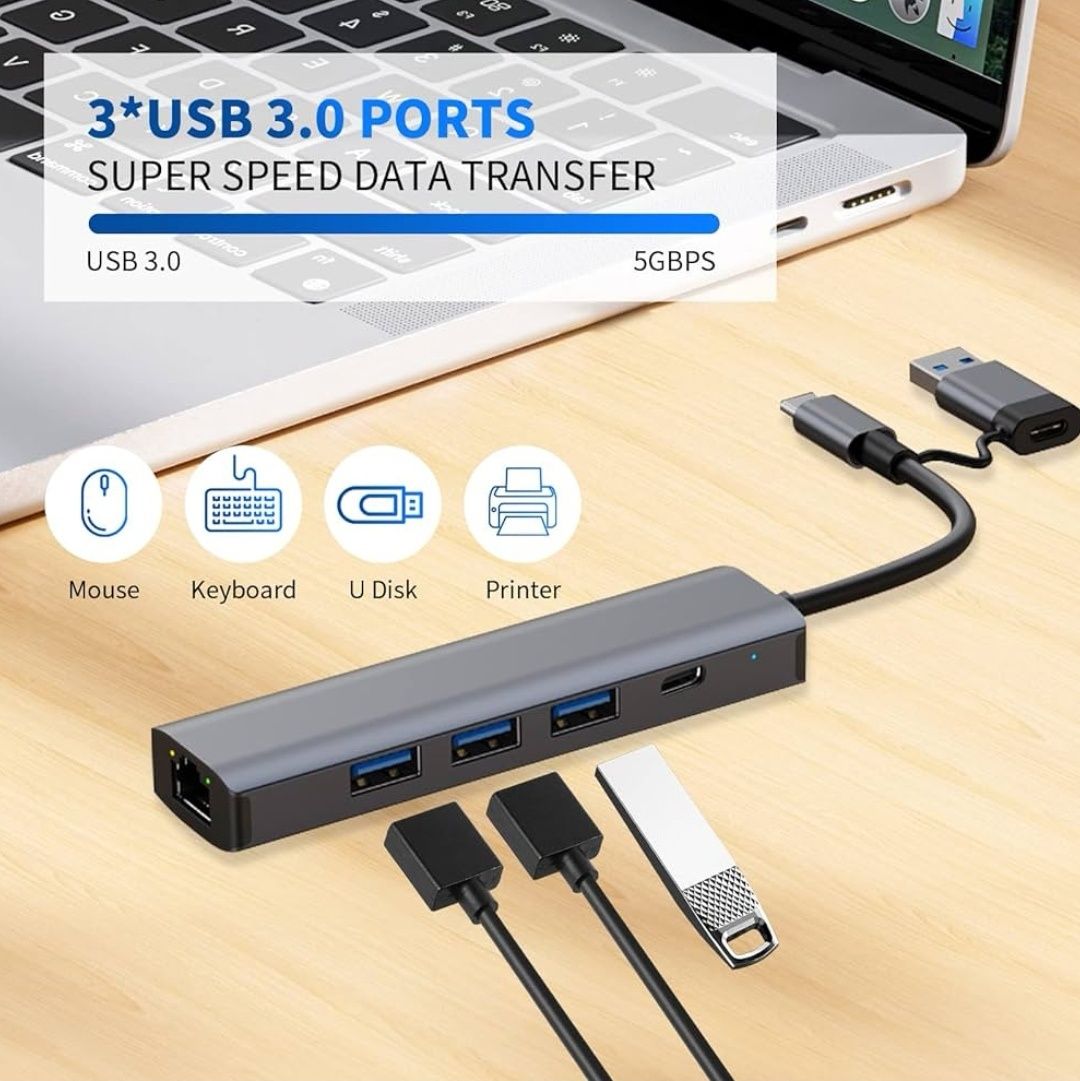 Hub USB C, 5 w 2 typu C/USB 3.0 adapter z podwójną konwersją, 3 x USB
