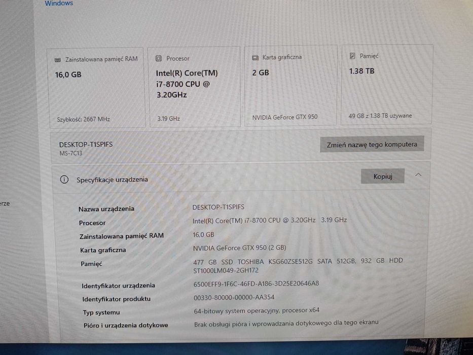 PC Tower z I7 8700, 16GB RAM SSD512GB i HDD1TB Win 10 Pro GTX 950