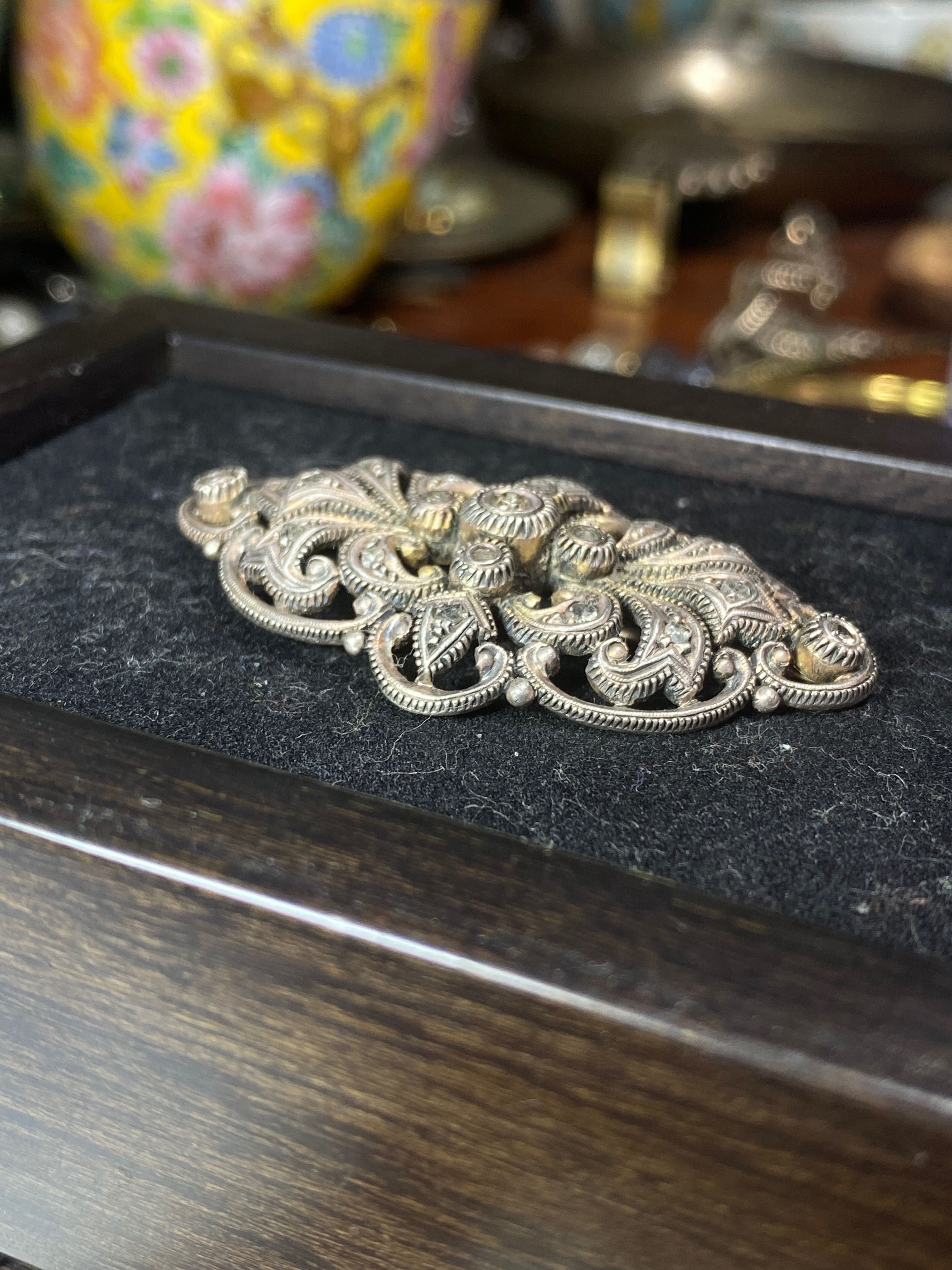 Alfinete Pregadeira Broche Ouro Português Prata e Diamantes Talhe Antg