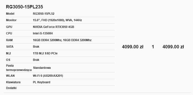 Laptop Gamingowy DM 32GB RAM, RTX3050, Intel i5 13500, 1TB - GWARANCJA