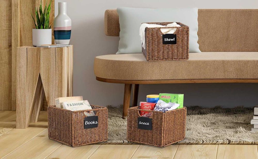 Kosze wiklinowe plastikowe z etykietami 4 szt. brązowe 27x23x19 cm