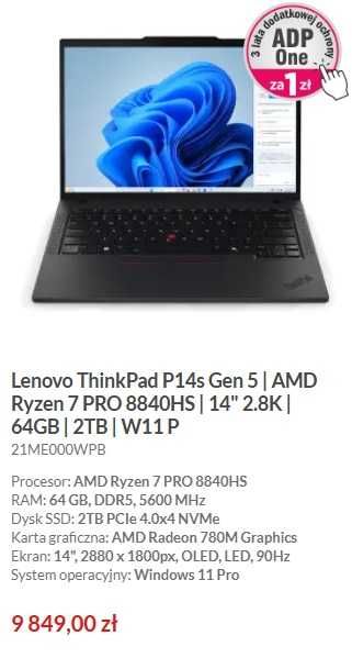 Lenovo ThinkPad P14s AMD Ryzen 7 PRO 8840HS,64GB,2TB,W11P SUPER CENA !