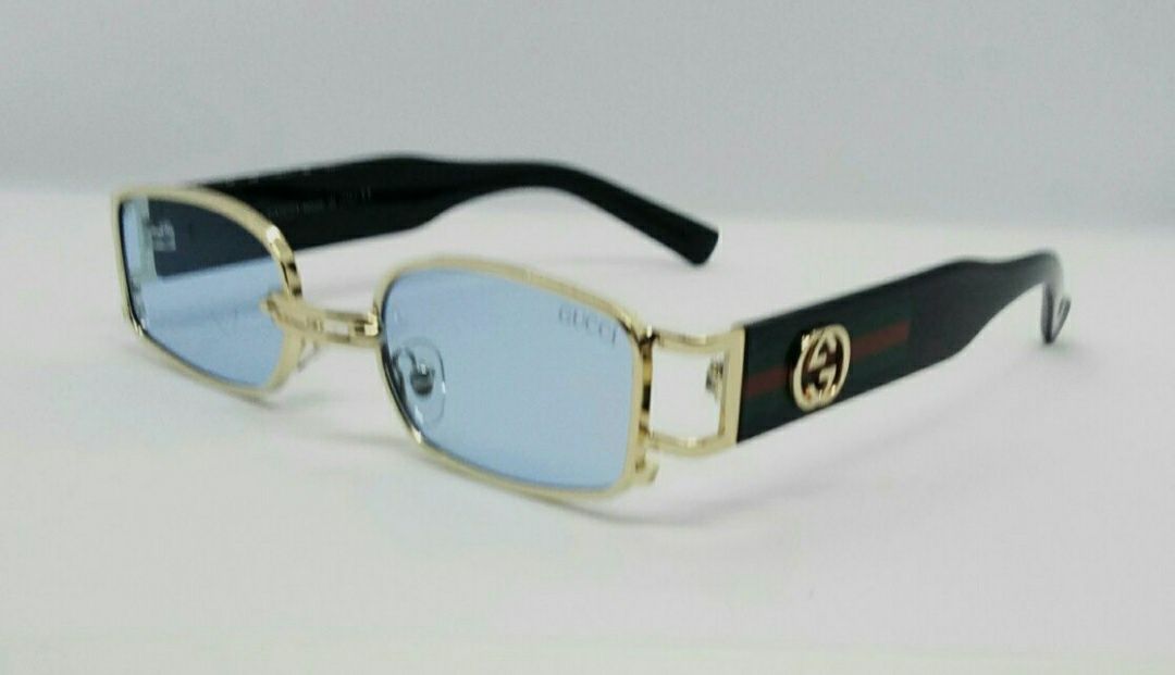 Gucci модные очки унисекс узкие голубые в золотом металле
