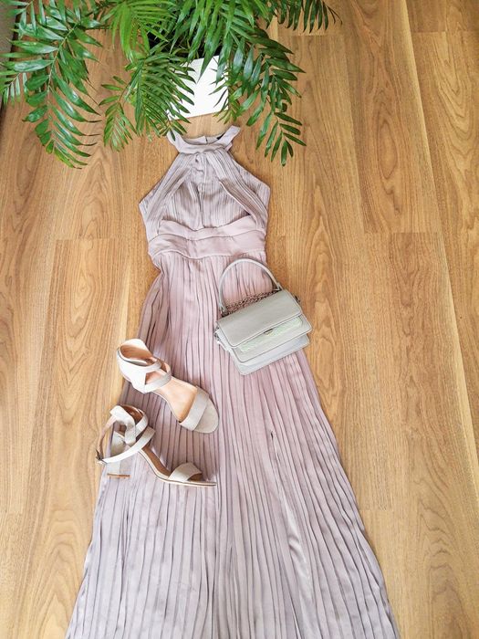 Maxi sukienka XS plisowana rozcięcie na nogę długa dla świadkowej