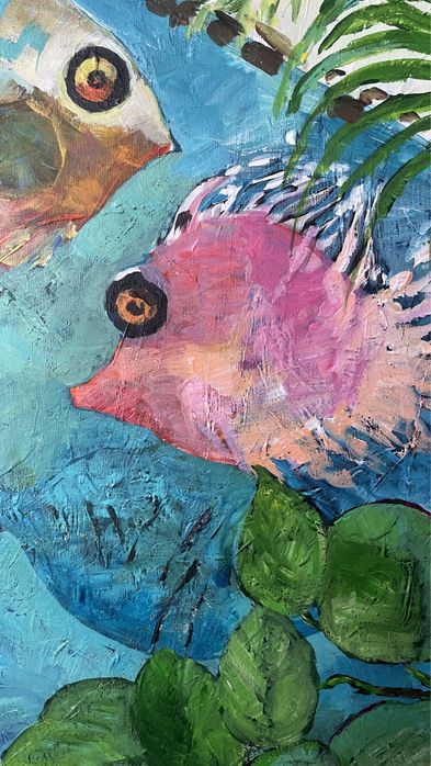 Rzeka, ryby, dużu  obraz,  akryl na płótnie , impresjonizm , fowizm