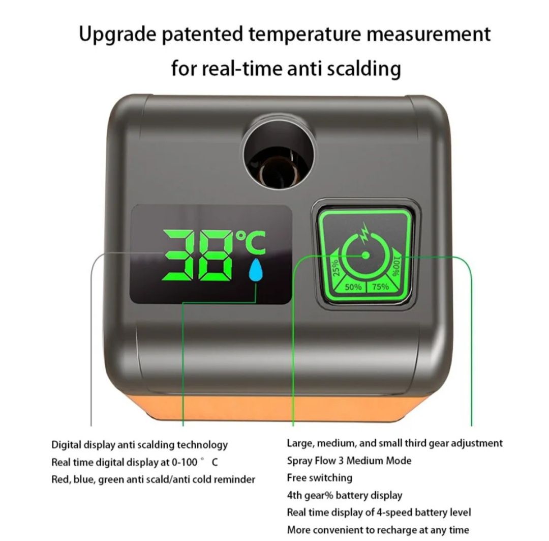 Mobilny prysznic na akumulator. Wskaźnik temperatury