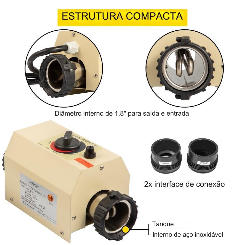 Aquecedor de Piscina - 3kW, Termostato, Trocador de Calor