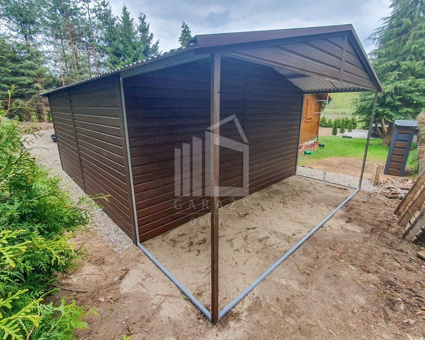 Garaż Blaszany 4,5X6M + Wiata - Brama - Drzwi - Drewnopodobny  Id563