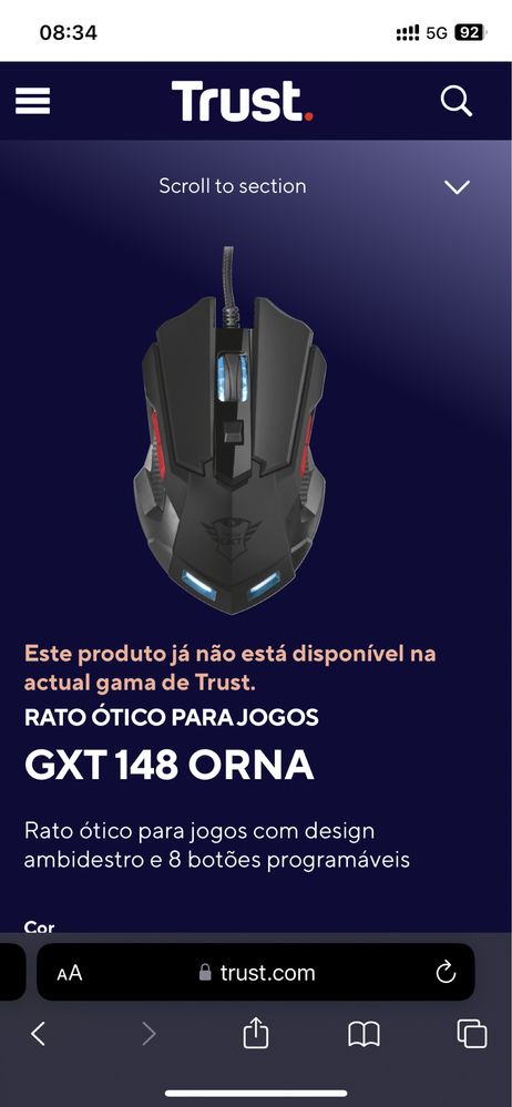 Rato gamming Trust gtx148. LED e 8 botões programáveis