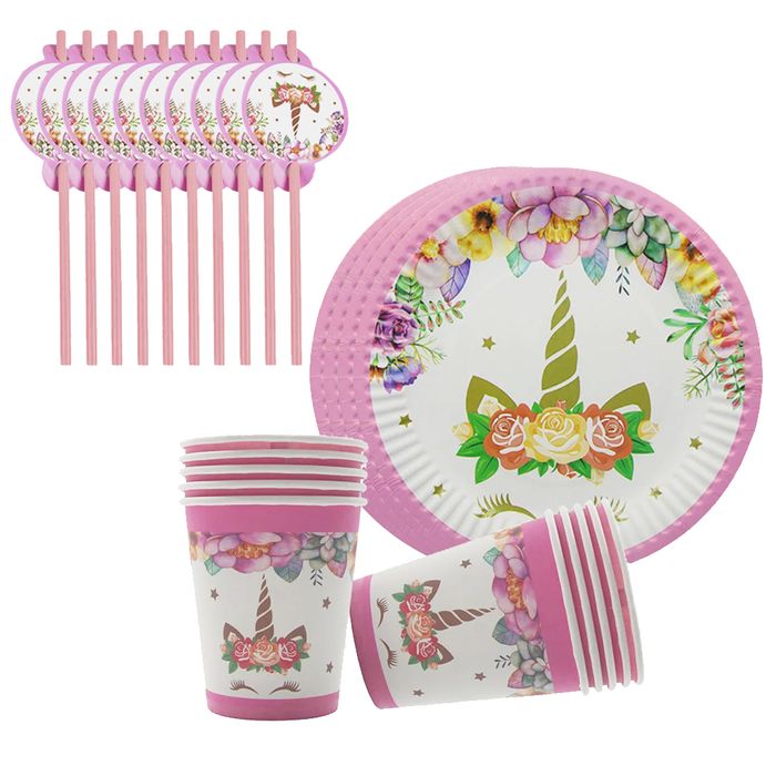 ZESTAW naczyń JEDNOROŻEC 2 Urodziny Kubki Talerze Serwety Słomki 81szt