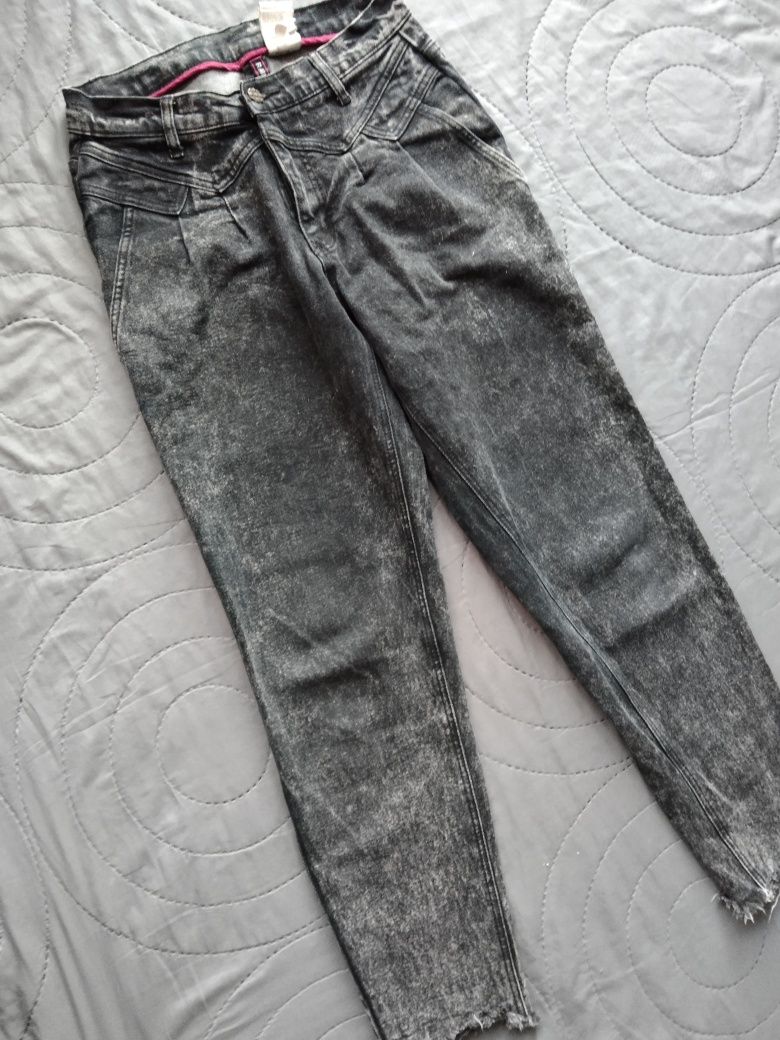 Jeansy dżinsy szare czarne marmurkowe wysoki stan 38 M rainbow szare