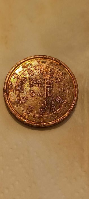 Moeda 2 centimos Portugal de 2002 com defeitos