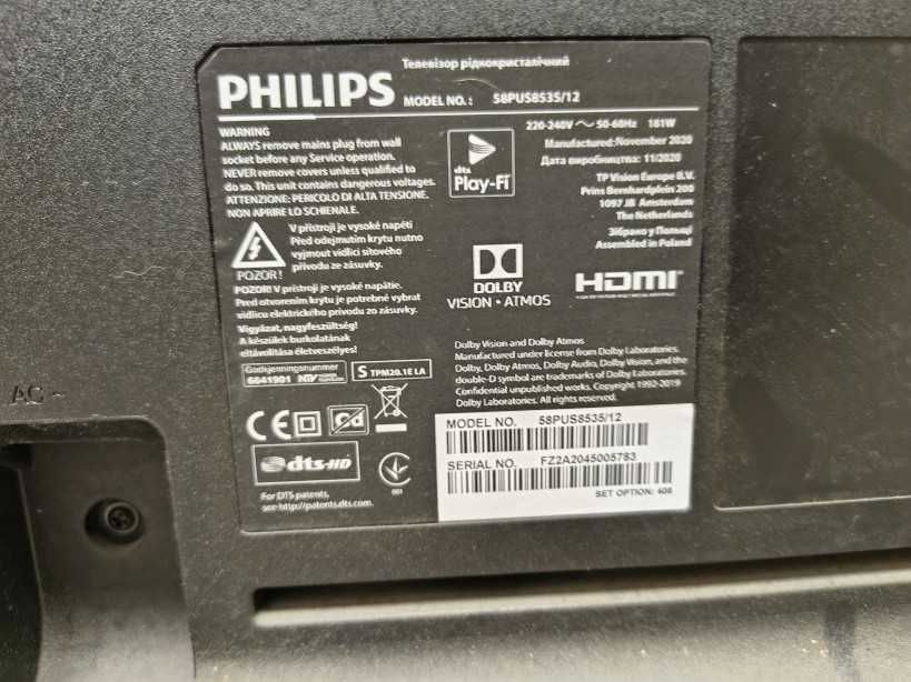 tv PHILIPS 58PUS8532 android tv smart dvbt  wi-fi ambilight z wadą 58"