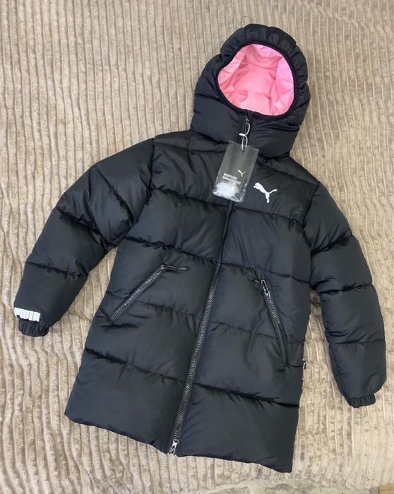 Удлиненный Пуховик Puma на девочку  Чорно- розовый. 134-140