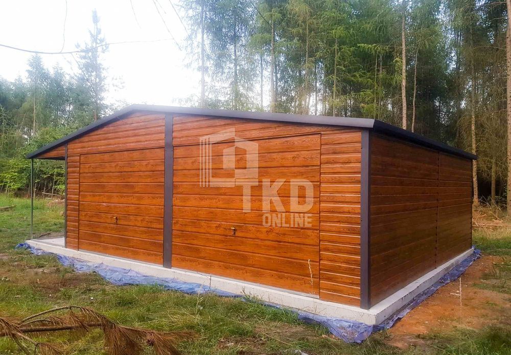 Garaż Blaszany 7,5x5 2x Brama uchylna - Antracyt + jasny orzech TKD137