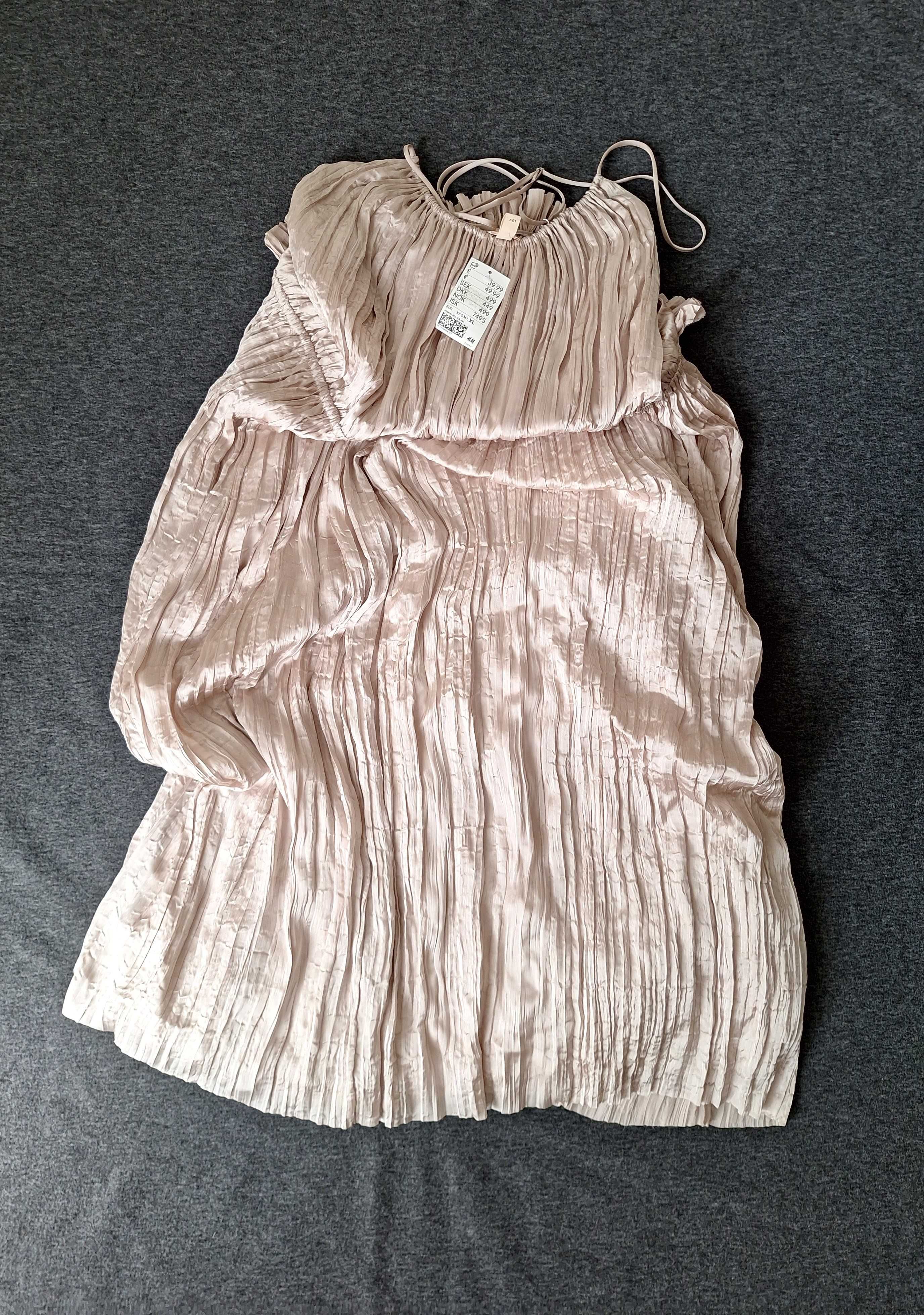 Nowa Długa Sukienka Odkryte Plecy H&M Beżowo Złota