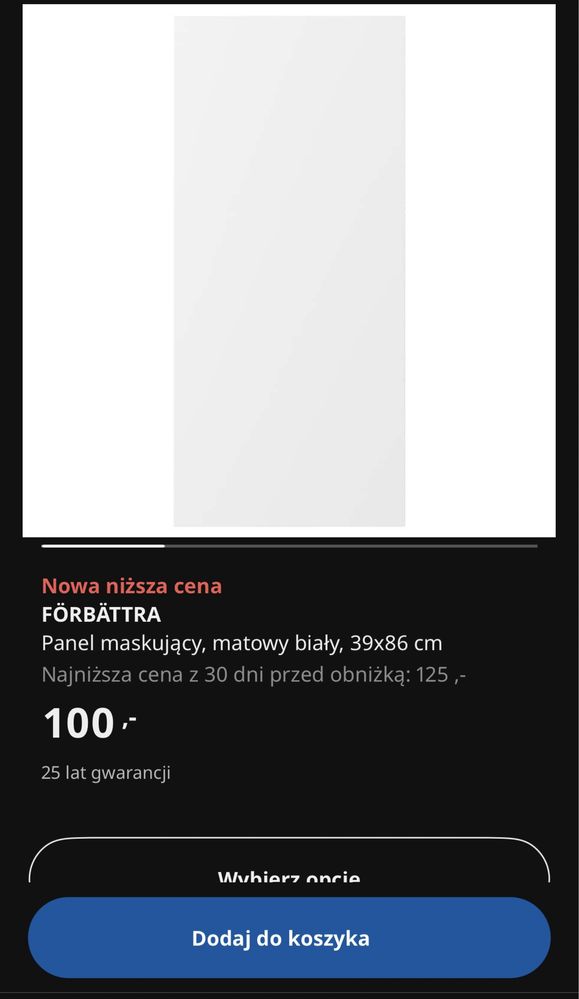 Ikea kuchnia panel maskujący biały matowy FÖRBÄTTRA 39x86 cm