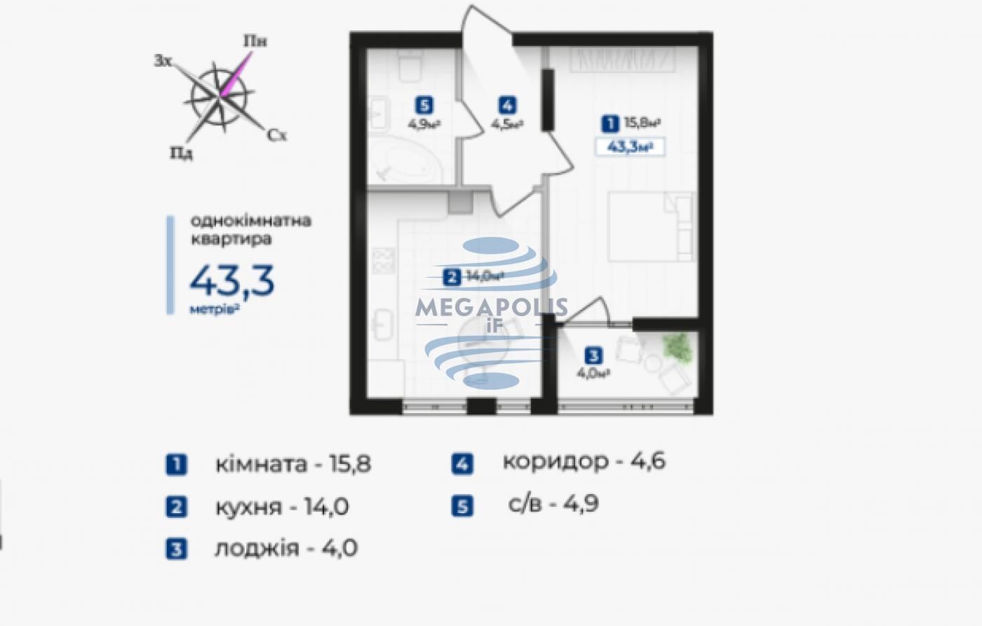 Однокімнатна квартира в центральній частині міста