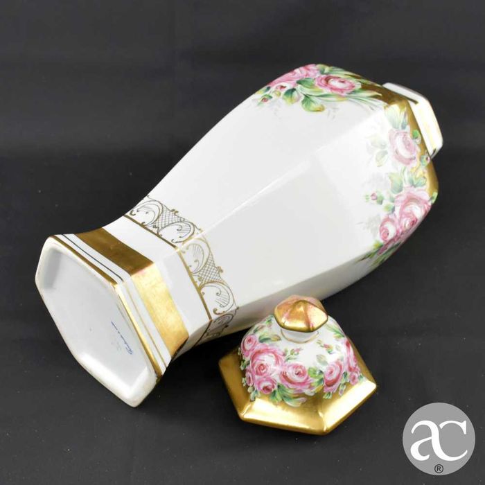 Pote com tampa hexagonal porcelana Artibus, pintado a ouro e à mão