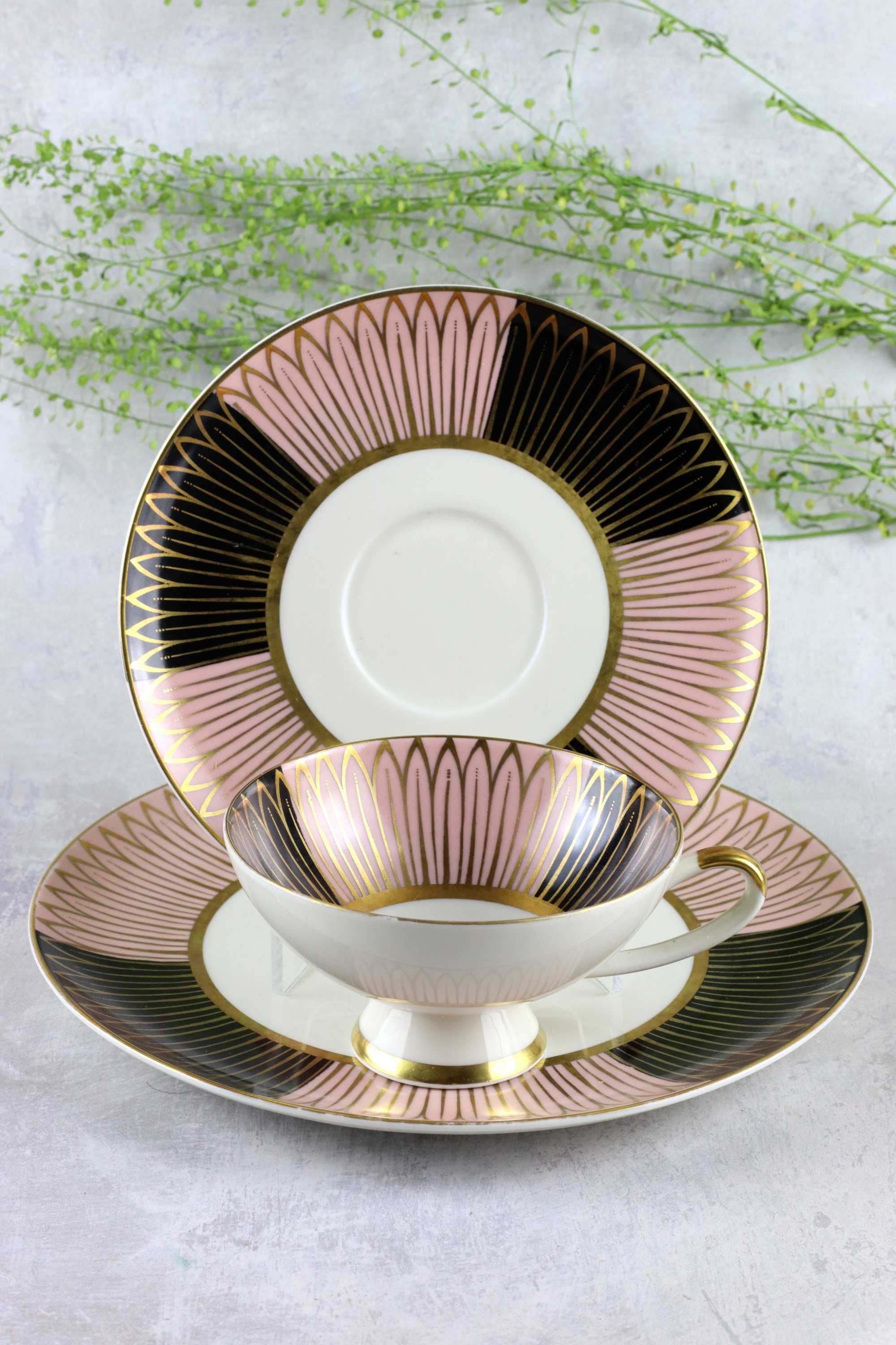 Różowo-czarne porcelanowe trio Alka Bavaria porcelana vintage
