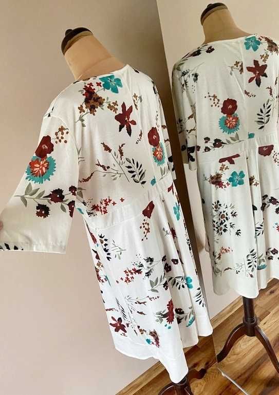 Xxl 44 42 biala sukienka floral modna midi 7/8 plus size +size