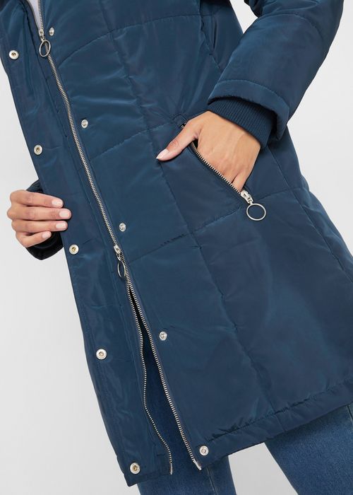 Płaszcz damski niebieski pikowany z kapturem, ocieplany r. 50