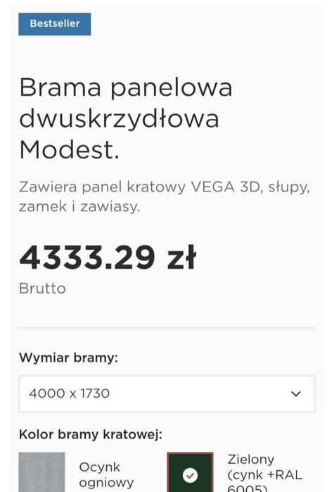 Brama dwuskrzydłowa panelowa zielona MODEST Wiśniowski 173x400 1,73x4