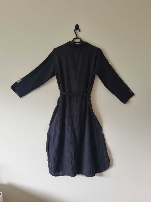 Czarna sukienka midi z muślinu długi rękaw M 38 długa sukienka muślin