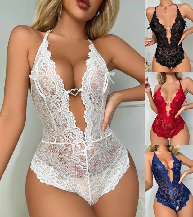 Aurora koronkowe body na ramiączkach z otwartym kroczem biały