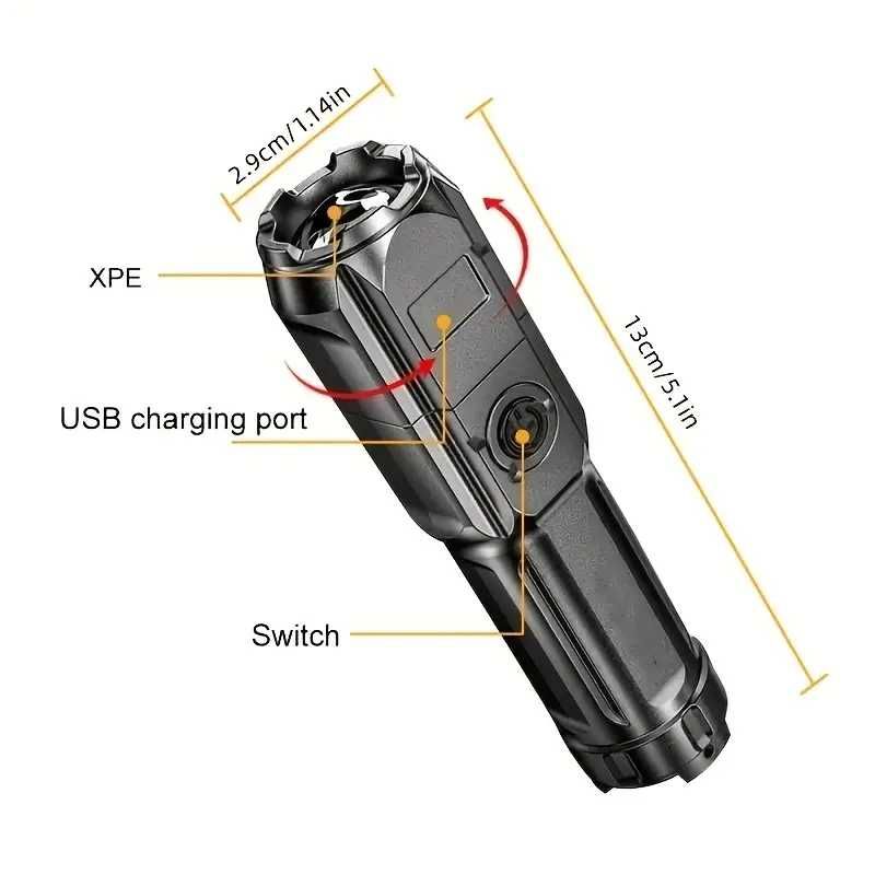 Latarka mini LED USB z funkcją zoom, wodoodporna