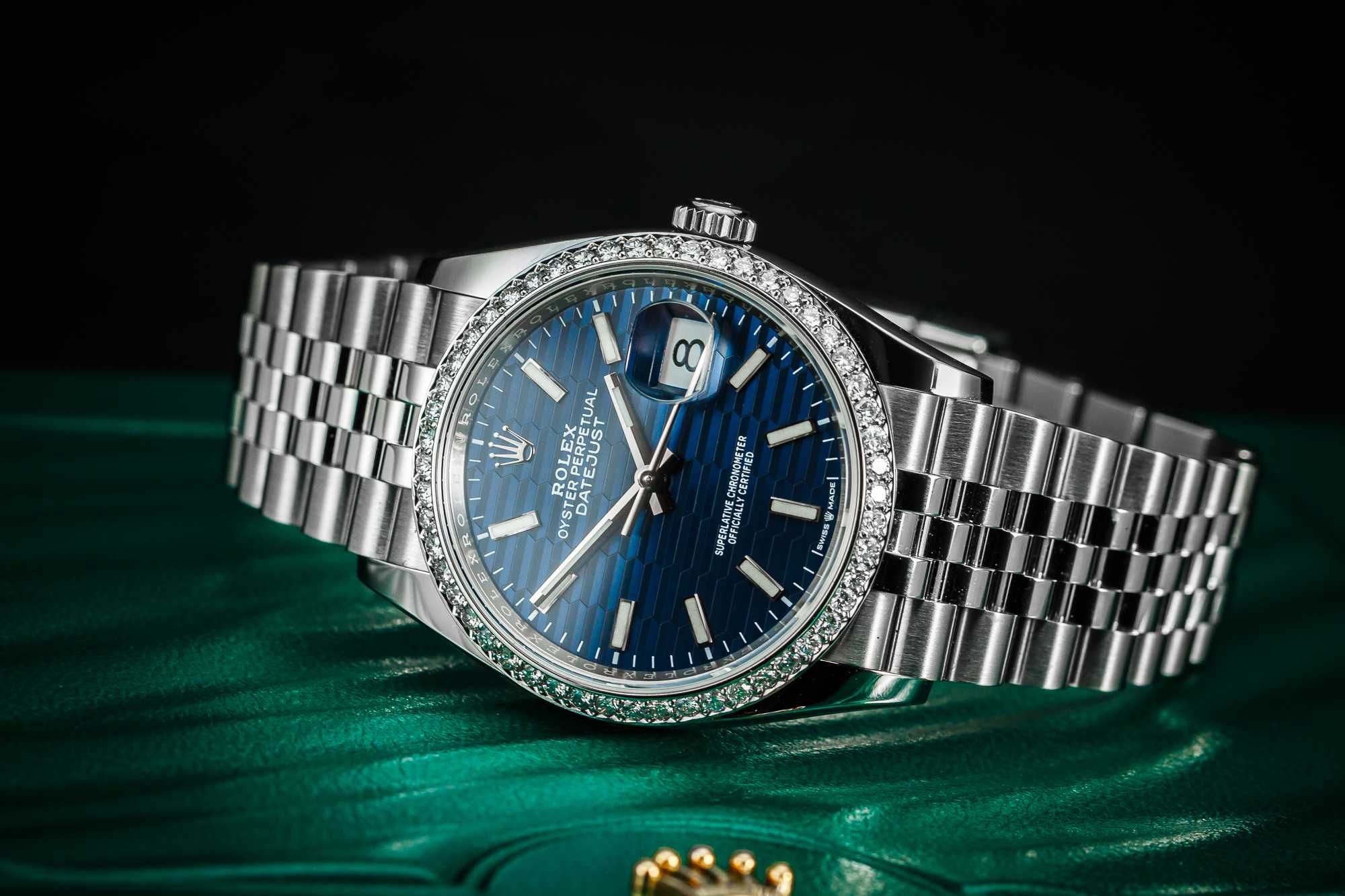 ROLEX DATEJUST 36 z brylantami / 2021 niebieska tarcza Fluted Motif