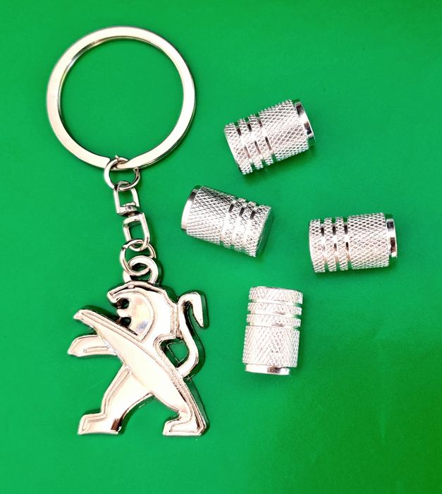 ** NOWY Breloczek PEUGEOT + Nakrętki na wentyle srebrne komplet tuning