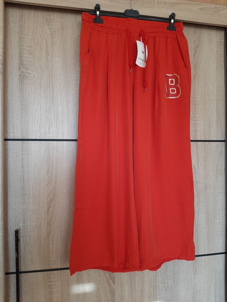 Spodnie kuloty szeroka nogawka napis czerwone plus size 46 44  wiskoza