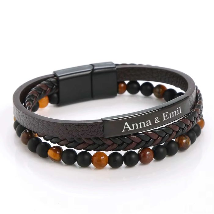 Męską bransoletka koraliki brązowa skóra grawer idealny prezent