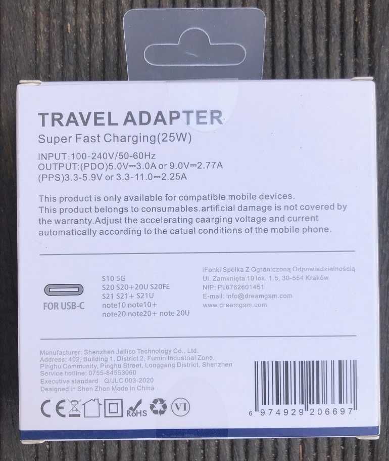 Ładowarka sieciowa USB-C 25W PD czarna JELLICO EU25 Quick Charge 3.0