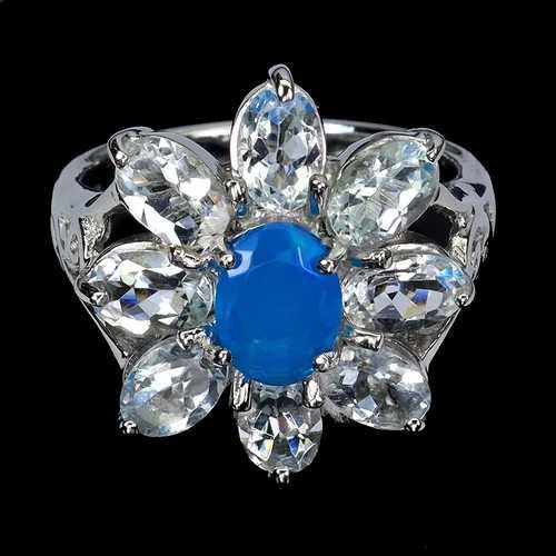 Кольцо из серебра 925 пробы с аквамарином и опалом 8x6mm. Размер 18.5