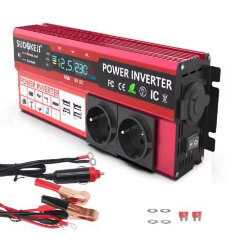 Інвертор живлення Sudokeji 12V до 220V 3000W з РК-диспл, розетками ЄС