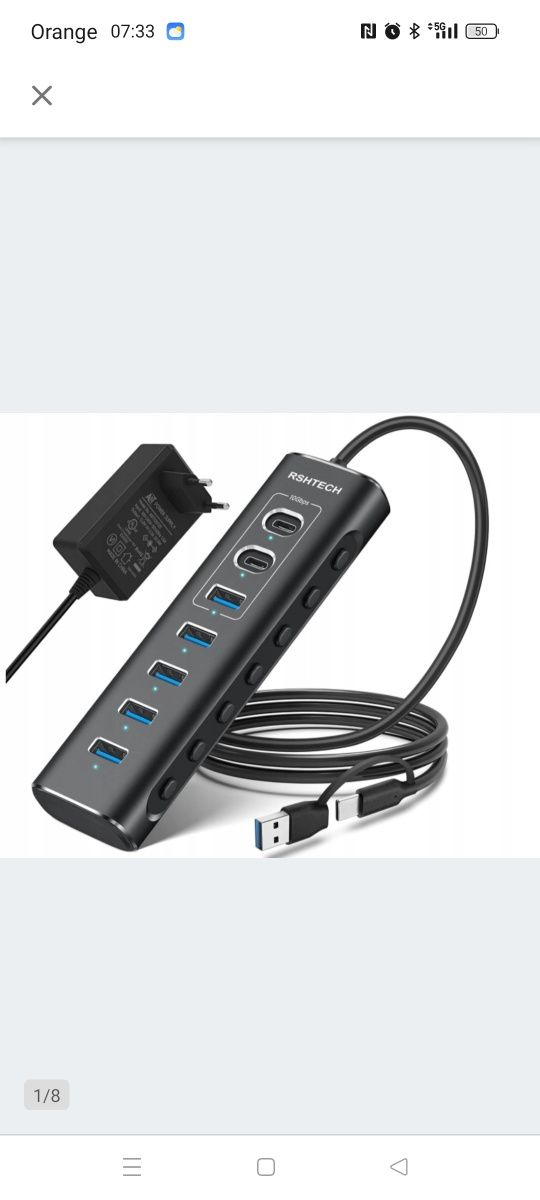 Aktywny koncentrator USB z zasilaczem, RSHTECH 7-portowy x2 C