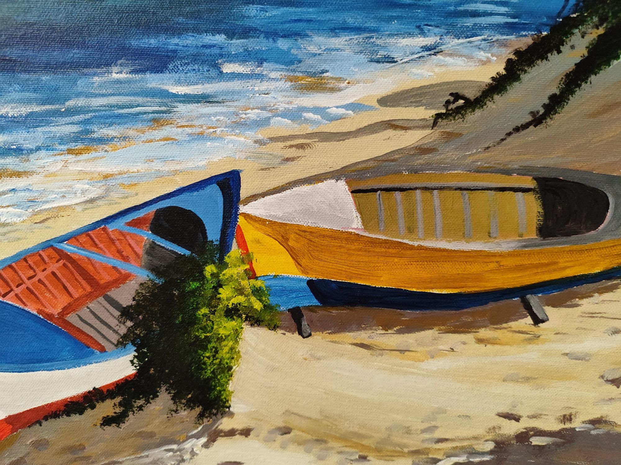 Obraz olejny na płótnie podpis autora łódki na plaży